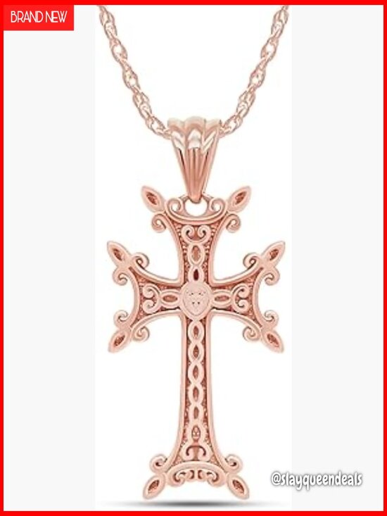 Jewelry - Armenian Cross Pendant Necklace with Rope Chain, 14K Gold Over 925 Sterling